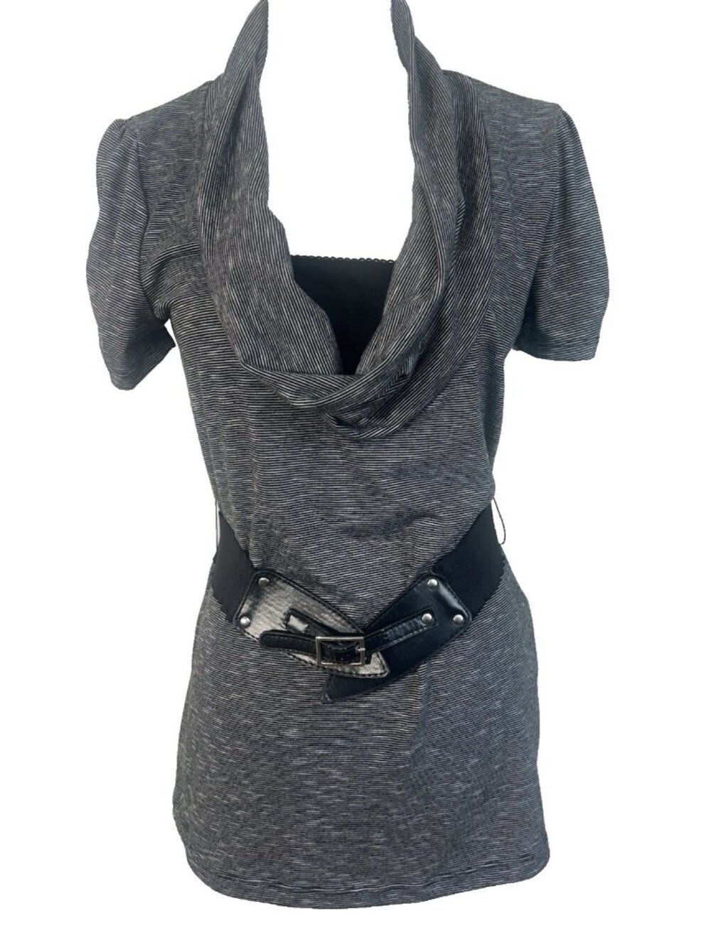 AGB Womens Black & White Draping Cowl Neck  with Black Lace Insert Sz S Y2K